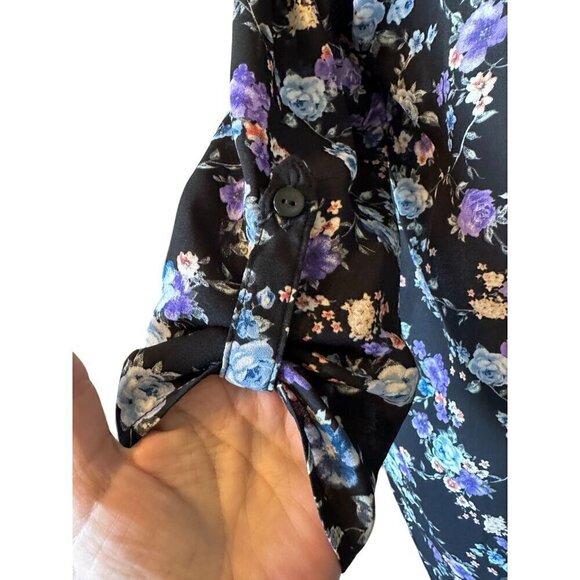 Pink Republic Blouse Size M Floral Top Black Dusty Blue 3/4 Roll Tab Sleeve - Picture 6 of 12